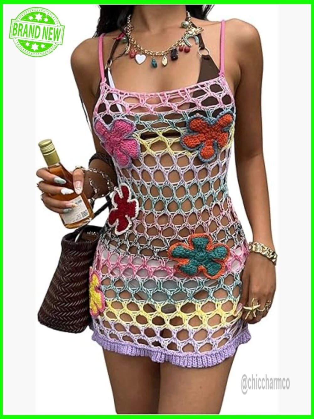 Crochet Cover Up Mini Dress Sheer Hollow Out Beach Rave Club Bodycon